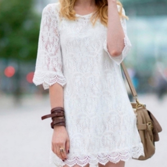 Crochet Floral Lace Off White Pullover Mini Dress Sz 2 Slip Lining H & M - Picture 10 of 10